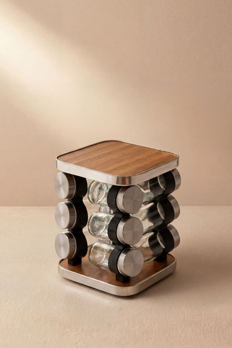 12'li cam döner standlı baharatlık seti 100 ml ahşap metal