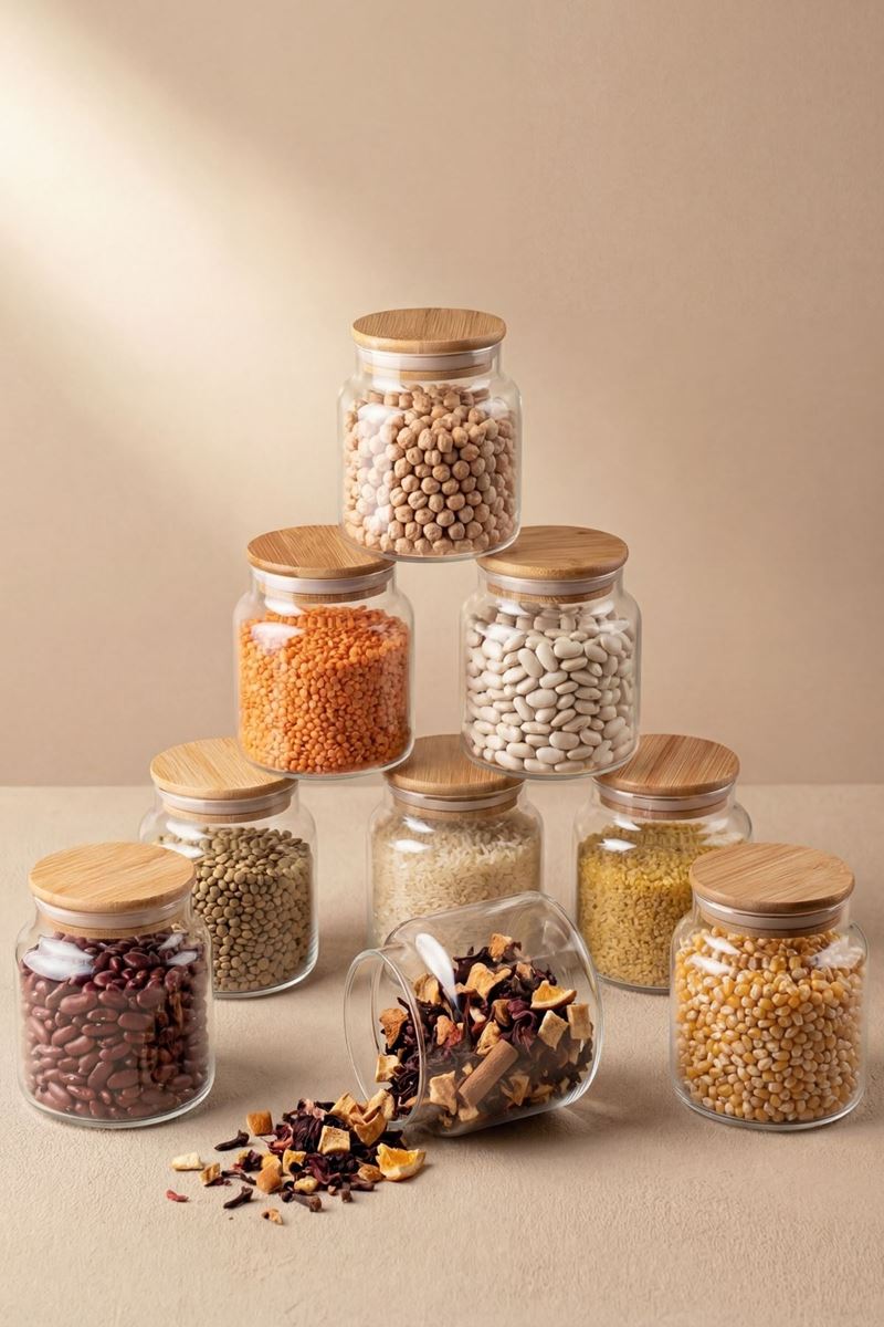 bambu kapaklı 12'li cam kavanoz seti 250 ml şeffaf hava almaz