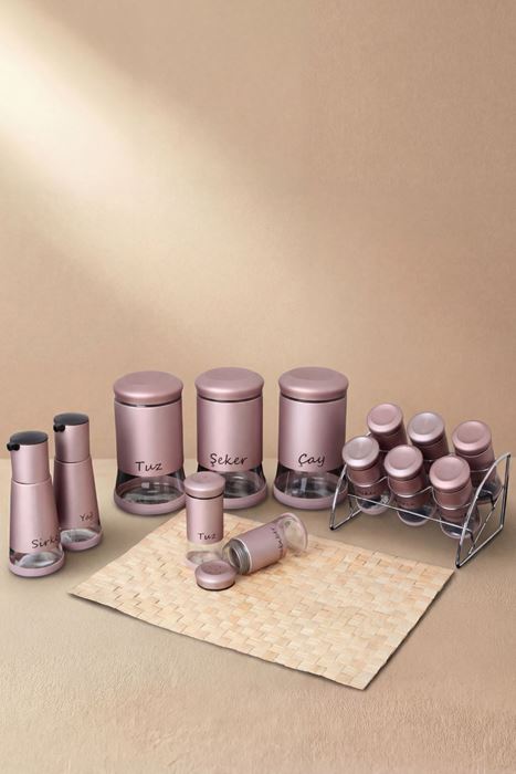 14 parça rose gold baharat seti 100 ml cam baharatlık yağlık sirkelik metal stant