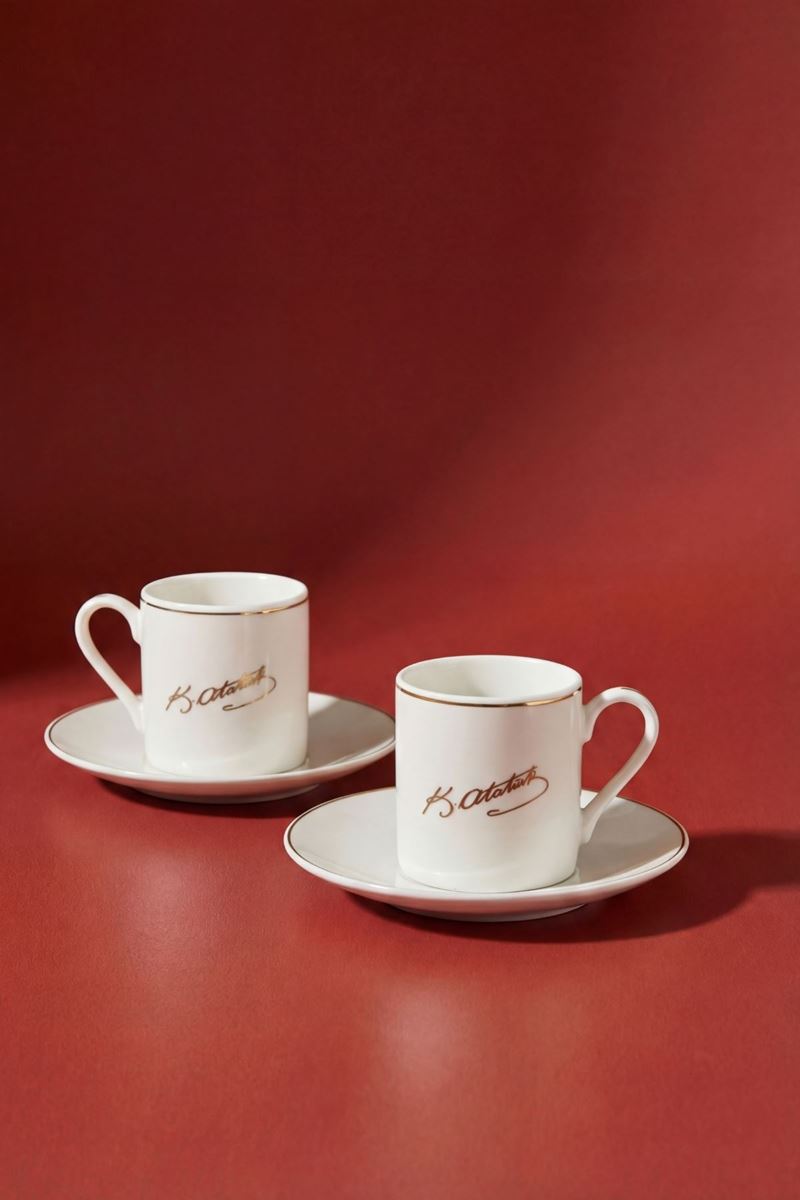 atatürk imzalı porselen 2'li kahve fincan seti 70 ml tabaklı gold yaldız detaylı