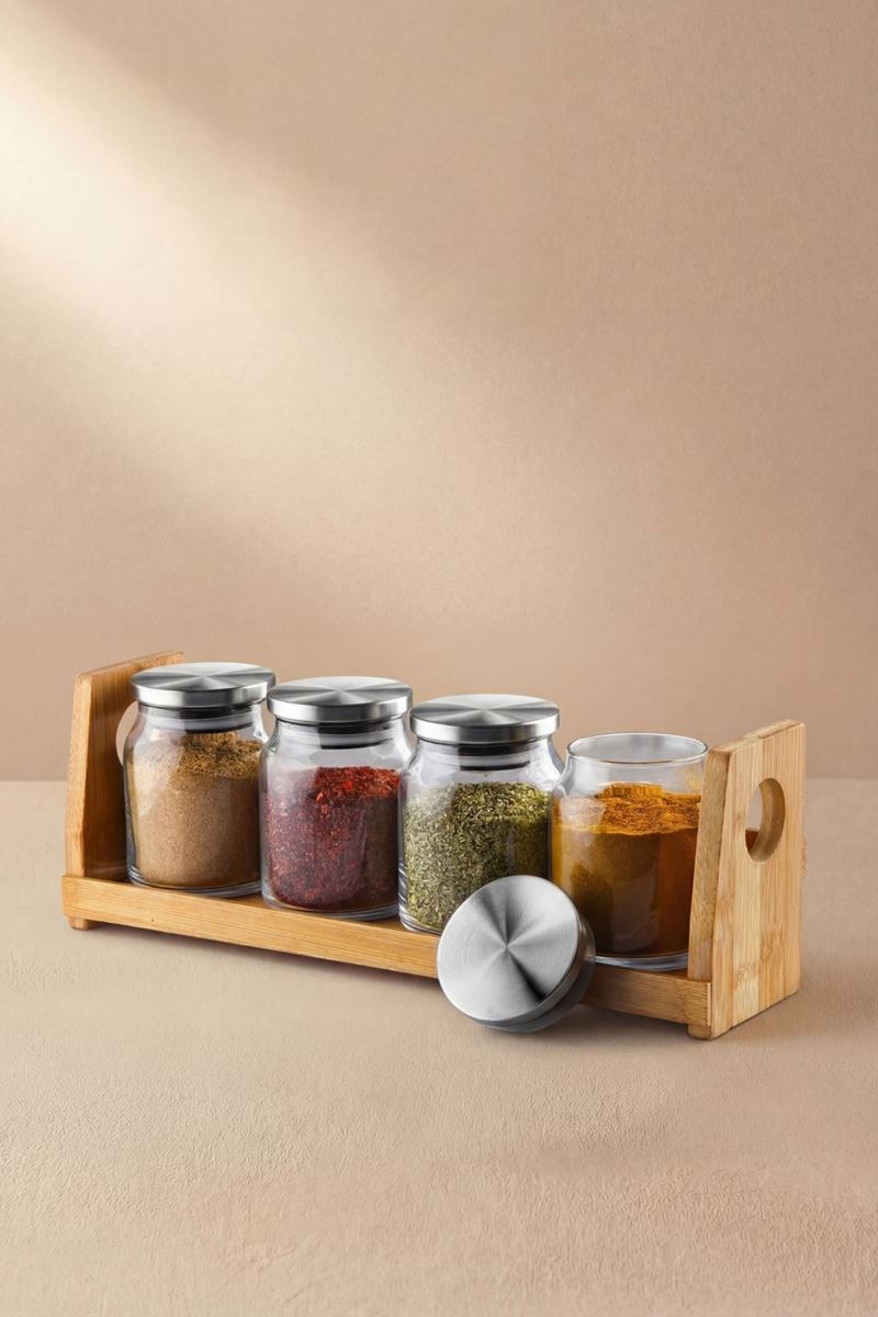 çelik kapaklı bambu standlı cam baharatlık seti 4lü 250 ml metal kapaklı