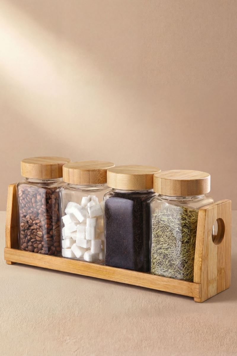 bambu standlı bambu kapaklı cam baharat takımı 4lü 200 ml şeffaf 9 parça