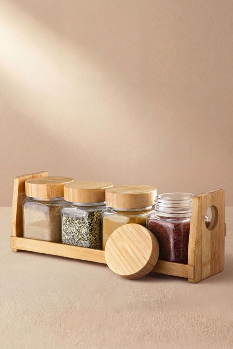 bambu standlı bambu kapaklı cam baharat takımı 4lü 250 ml şeffaf 9 parça