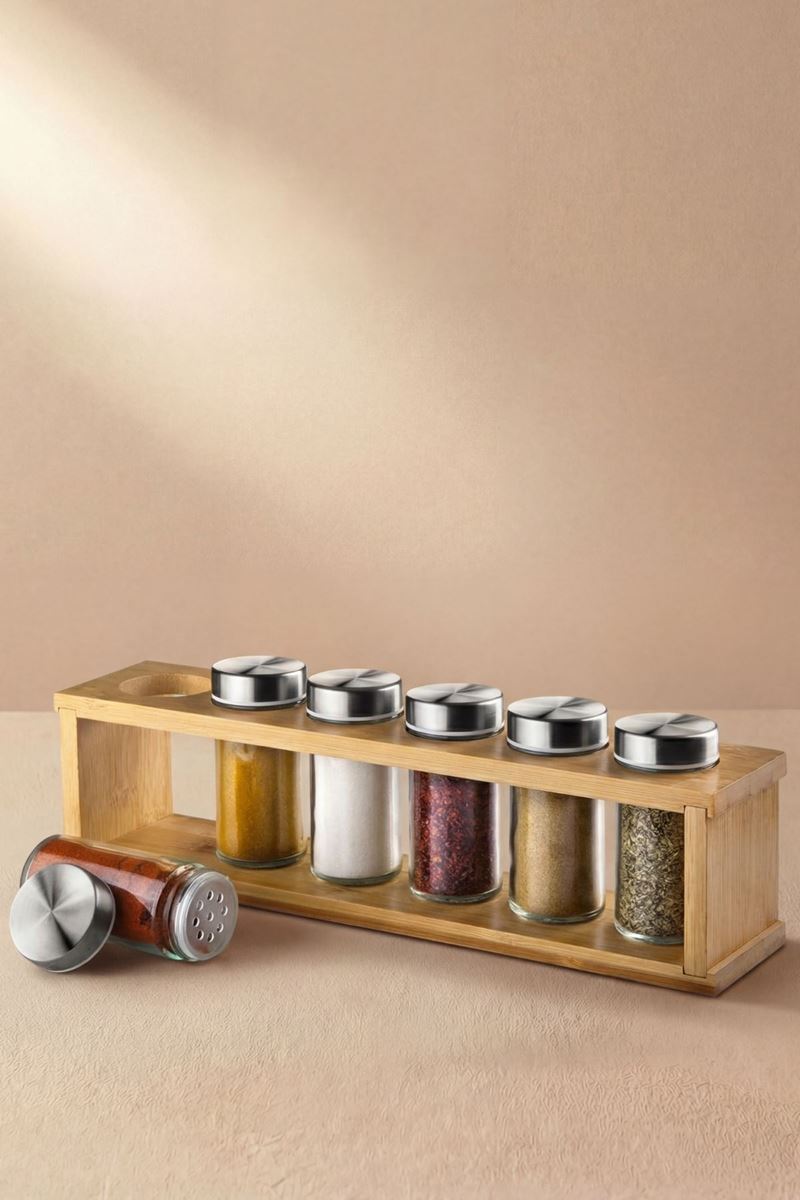 Çelik Kapaklı Bambu Standlı Cam Baharatlık Seti 6’lı 100 ml
