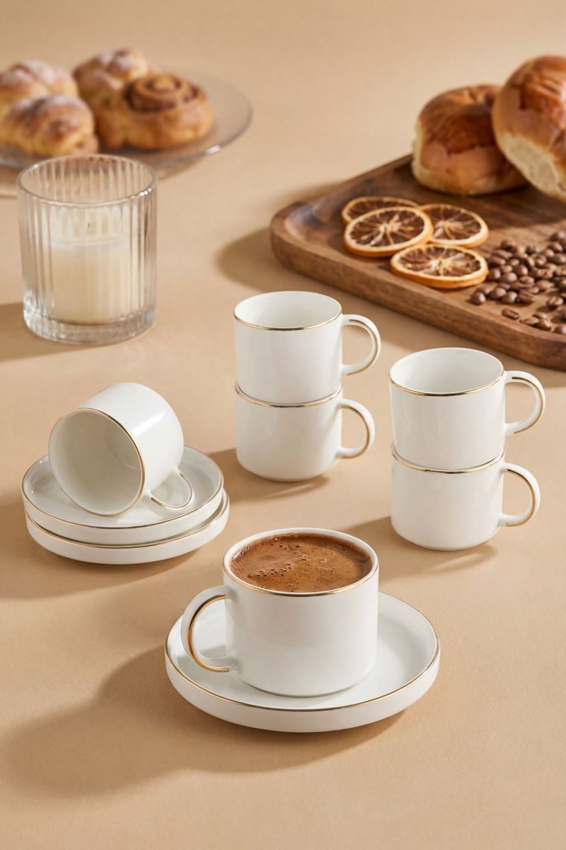beyaz gold yaldız detaylı porselen kahve fincan takımı 6 kişilik 70 ml tabaklı