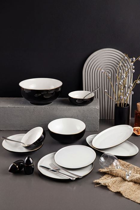 55 parça 12 kişilik siyah beyaz gold bone china porselen yemek takımı gold yaldız detaylı sofra seti