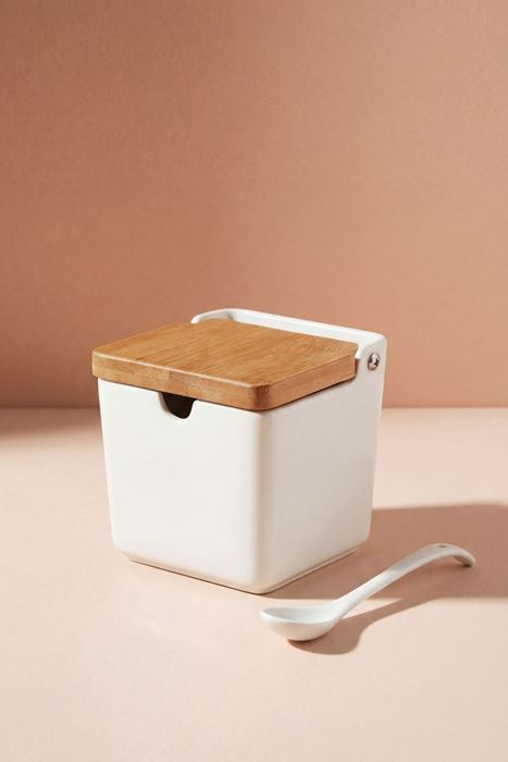bambu kapaklı porselen tuz saklama kabı kaşıklı 1 litre 10x10x10 cm beyaz