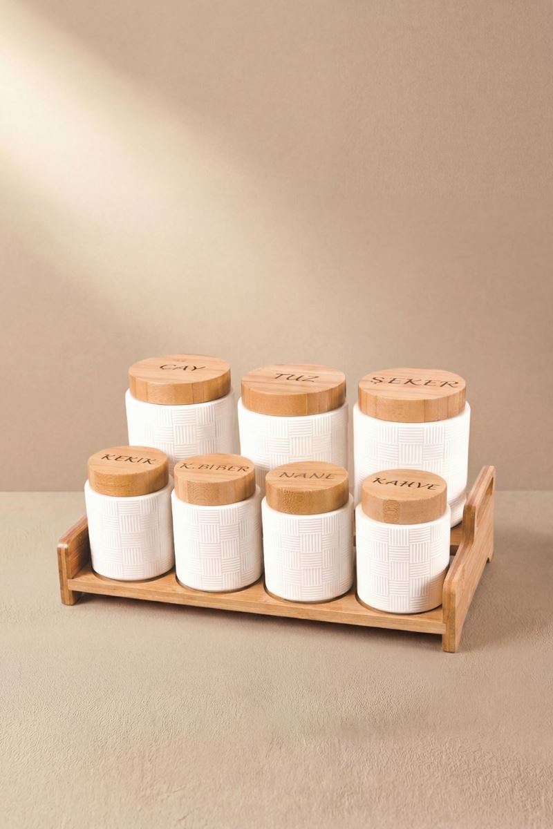 porselen baharat takımı bambu kapaklı bambu standlı beyaz çizgili baharatlık seti