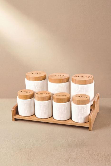 porselen baharat takımı bambu kapaklı bambu standlı beyaz çizgili baharatlık seti