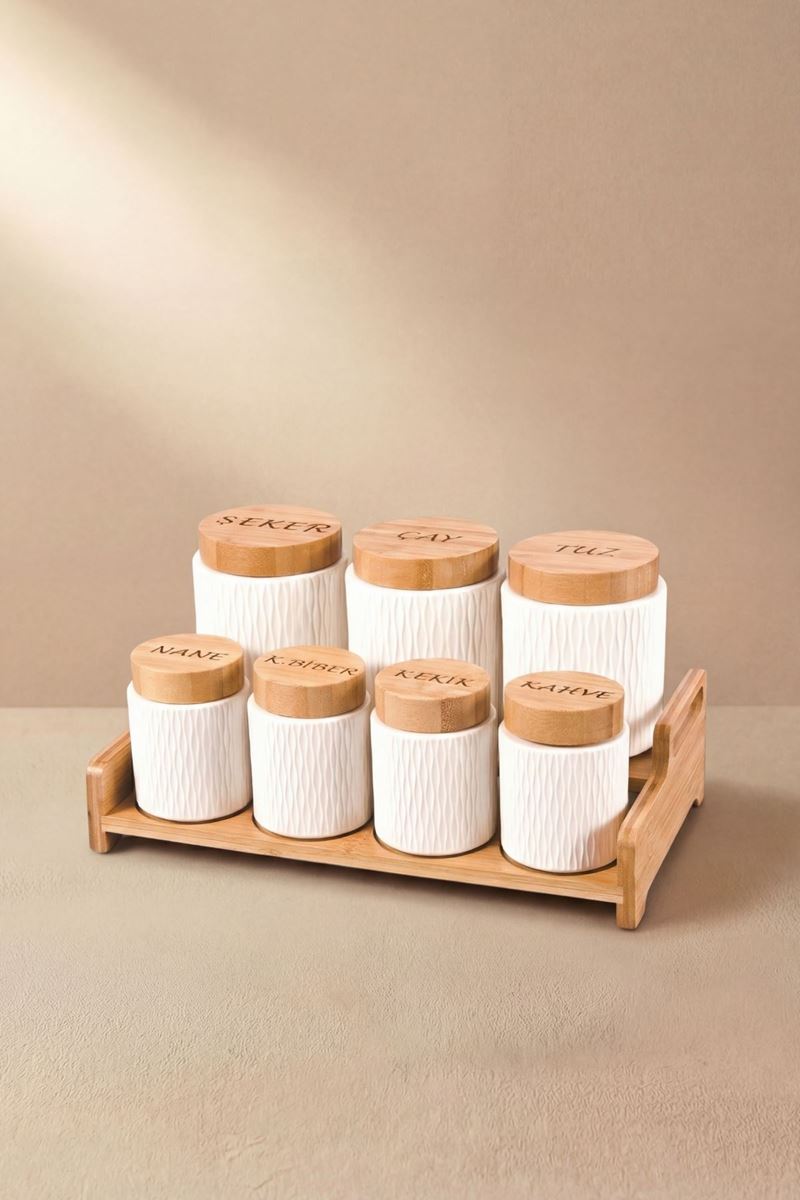 dokulu porselen baharat takımı bambu kapaklı bambu standlı beyaz kavanoz seti
