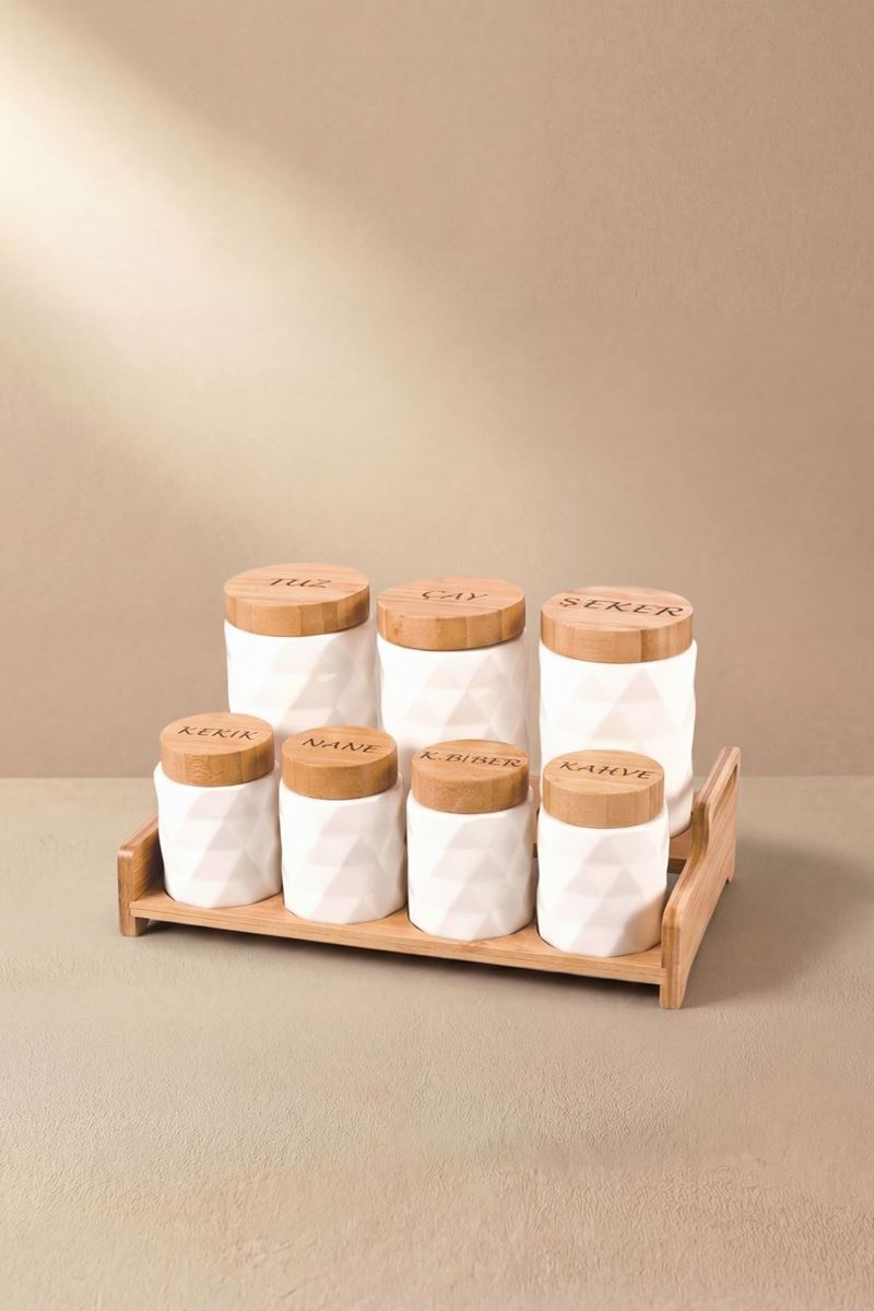 geometrik dokulu porselen baharat takımı bambu kapaklı bambu standlı beyaz kavanoz seti