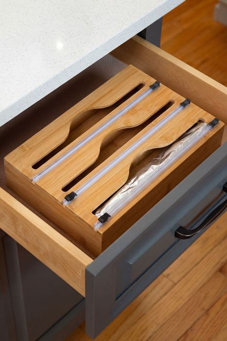 bambu üçlü folyoluk 33x22 cm streç film alüminyum folyo ve pişirme kâğıdı kesicili organizer